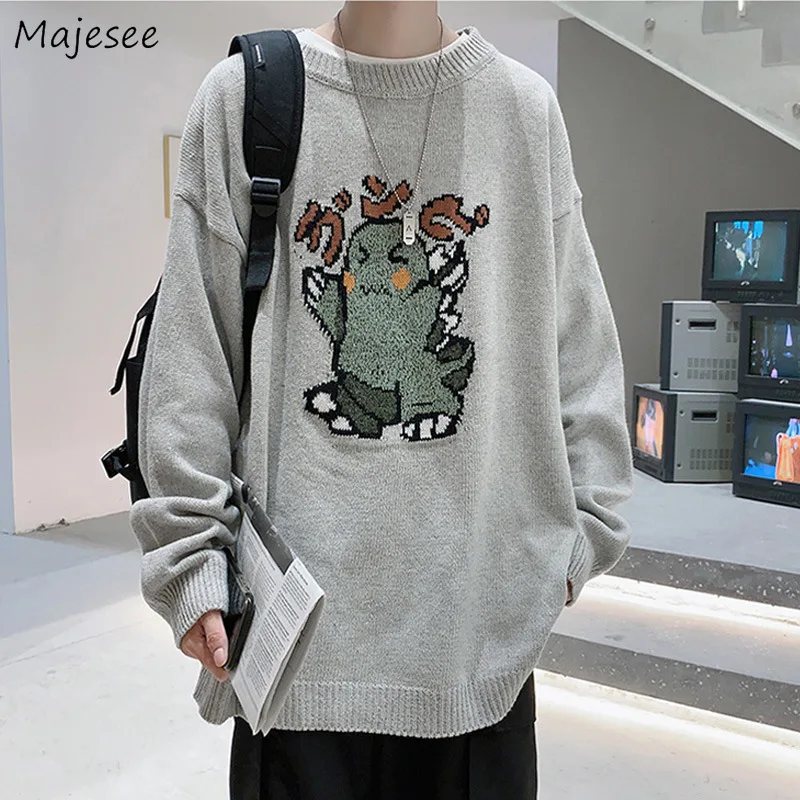 

Pullovers Men Cartoon Long Sleeve O-neck Loose Harajuku Streetwear Knitted Sweater Thicken Warm Casual Tops Teens Oversize M-3XL
