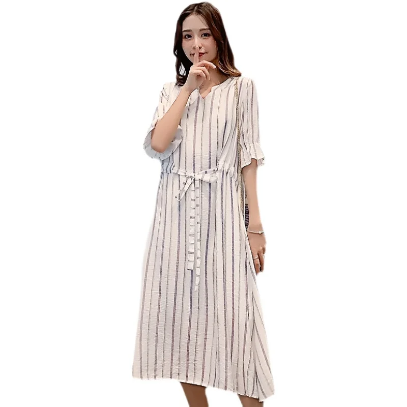 

9138# Summer Korean Fashion Maternity Long Dress Drawstring Slim Waist Loose Clothes for Pregnant Women Thin Linen Pregnancy