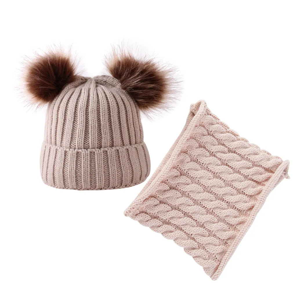 2PCs Children Cap Scarf Set Winter Solid Knit Hairball Thick Warm Neckerchief Hat czapka i komin tricotin снуд девочка #H |