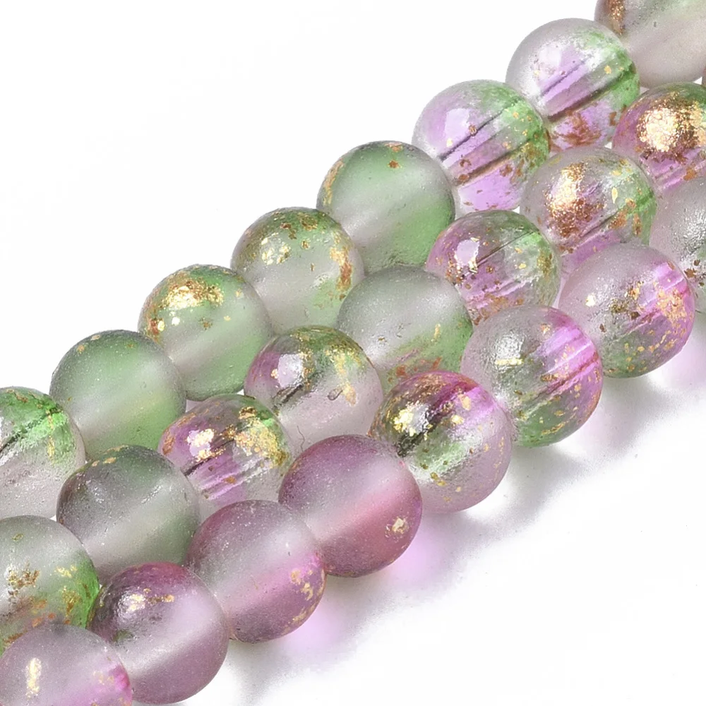 

10 Strand Frosted Spray Painted Glass Round Beads Strands 6mm 8mm 10mm with Golden Foil for jewelry DIY making,14.37''~16.3''