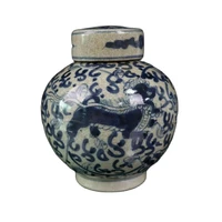 chinese old porcelain cracked pattern blue and white glaze red shou word pattern sky storage jar cover can