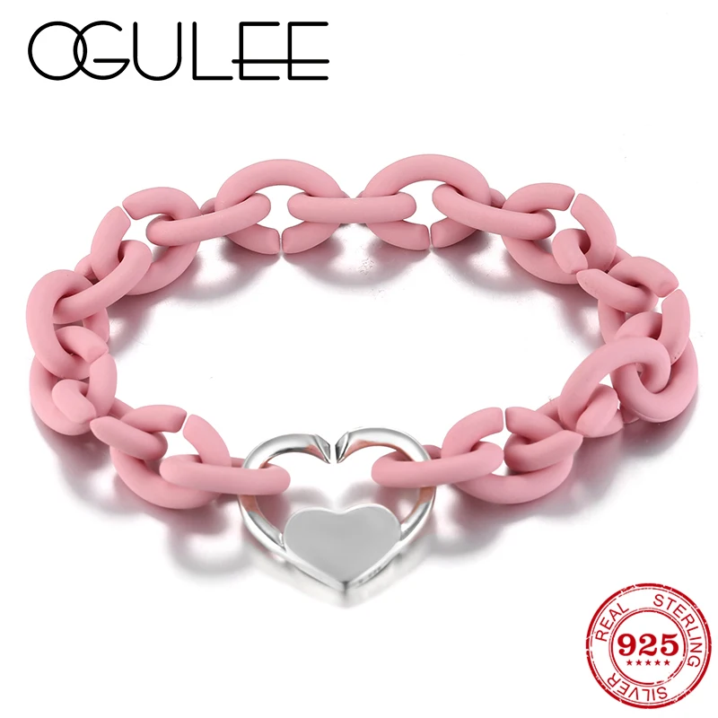 Настоящее серебро сердце Шарм шарик розовый резиновый X браслеты в европейском