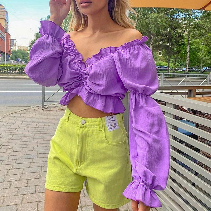 

Femotwin Women Offshoulder Shirt Casual Ruffled Long Sleeve Top Street Wear Cute Solid Short Shirt Ruched Summer Autumn Sexy Top