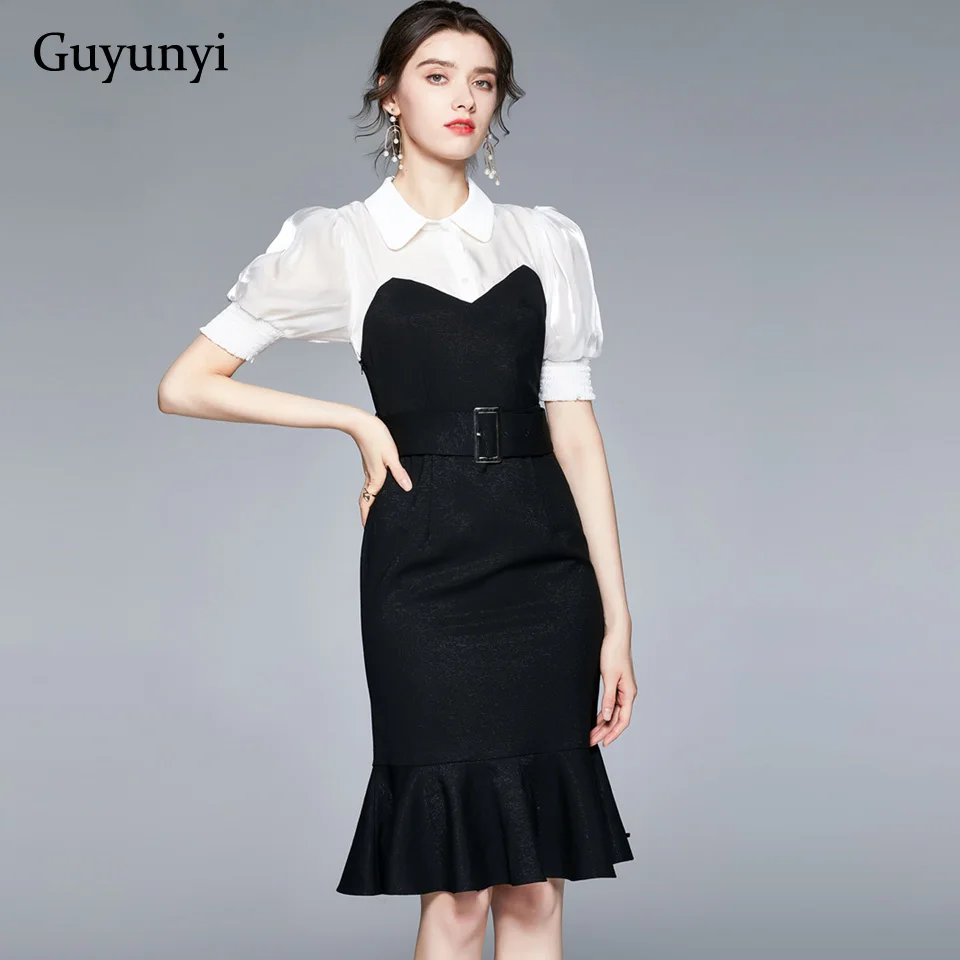 

Elegant Office Lady Dress 2022 Summer White Peter Pan Collar Puff Sleeves Black High Waist Tight Ruffled Hem Party Dress Women