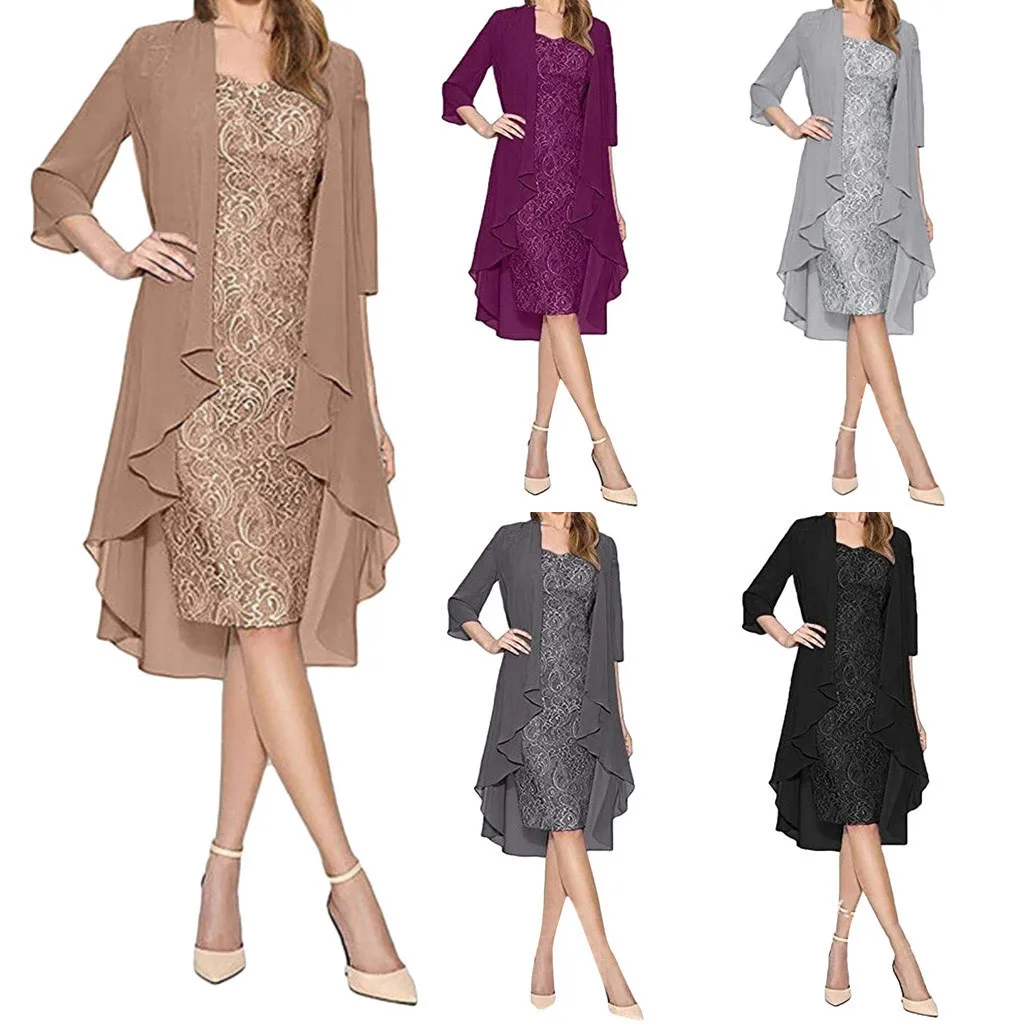 Элегантное женское платье из 2 предметов кружевное двух частей с длинным рукавом