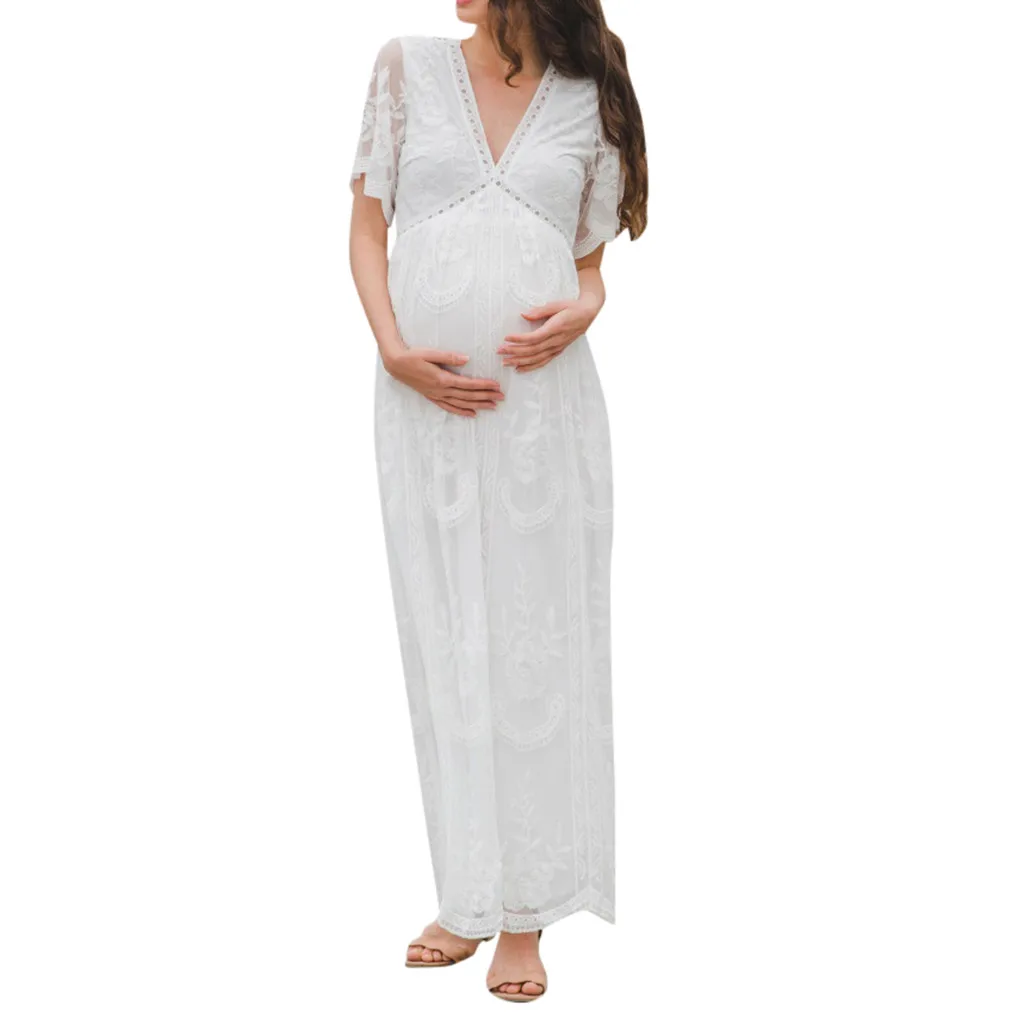 Белый SAGACE сексуальное кружевное женское платье для беременных с коротким рукавом реквизит для фотосессии длинные платья для беременных свадебные платья реквизит для фотосессии - Цвет: Белый