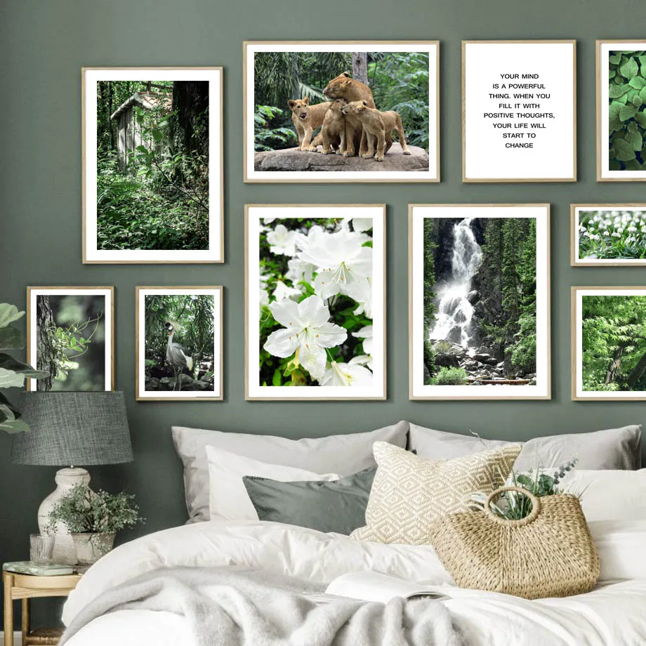 

Green Leaves White Flower Waterfall Lion Wall Art Canvas Painting Nordic Posters And Prints Wall Pictures For Living Room Decor