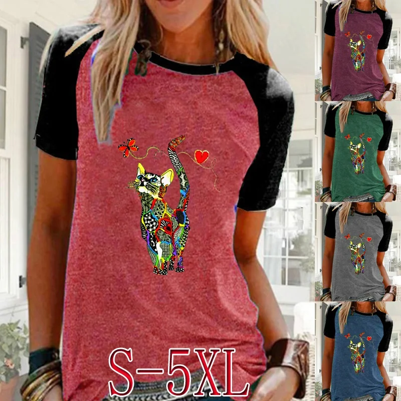 

Женские повседневные рубашки с рукавом реглан и принтом мультяшного кота, женская модная свободная футболка с круглым вырезом, блузка с кор...