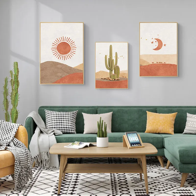 

Moon and Sun Cactus Desert Landscape Canvas 3 Pannel Painting Morandi Color Wall Art Poster Print Living Room Home Decor Picture