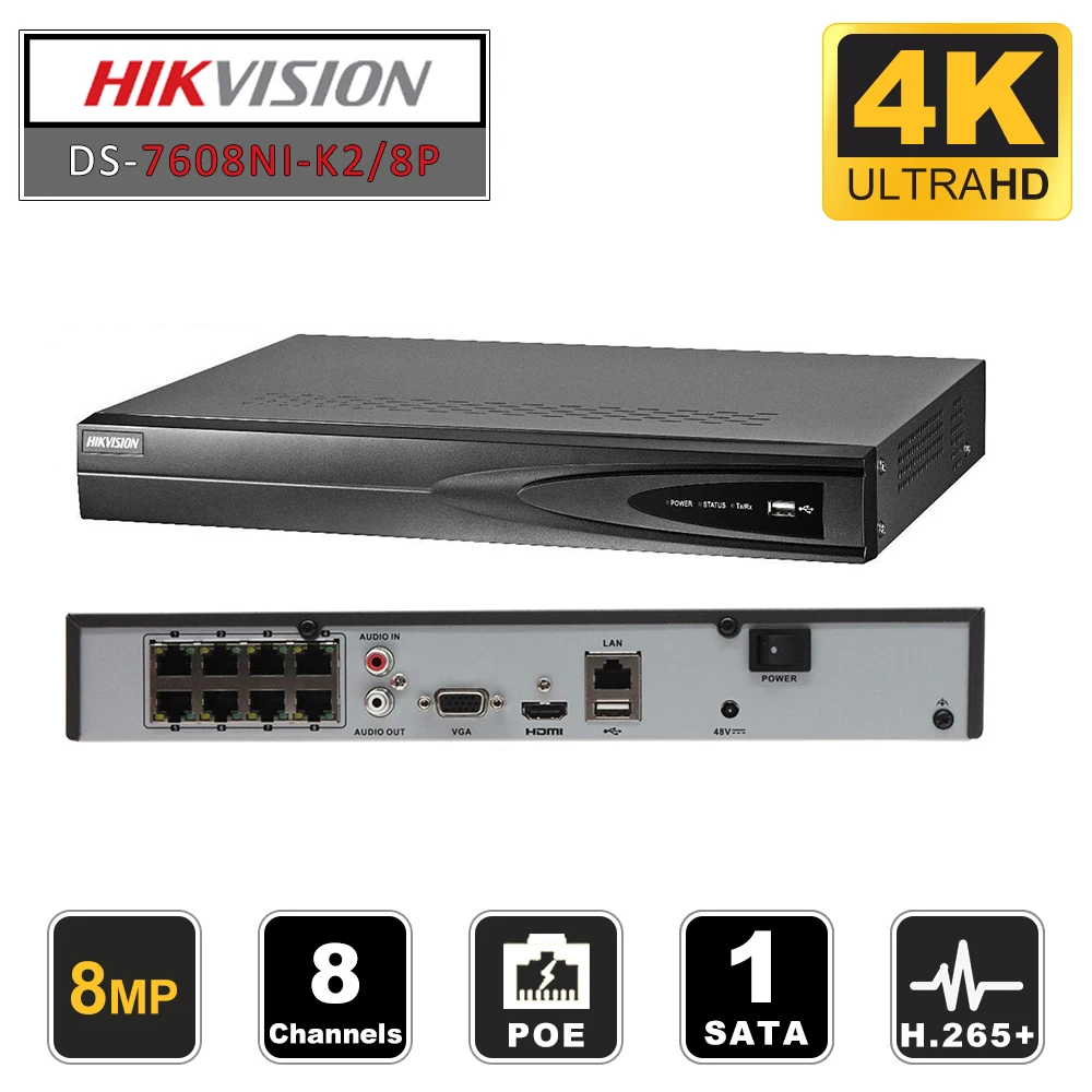 Hikvision 8ch CCTV рекордер PoE NVR DS 7608NI K1/8 P 8 канальный встроенный Plug & Play 4K сетевой