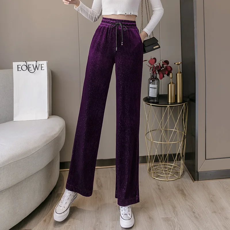 

2020 Winter Solid Wide Leg Pants Drawstring Women Warm Loose Casual Pants Lady High Waist Casual Office Pocket Trousers