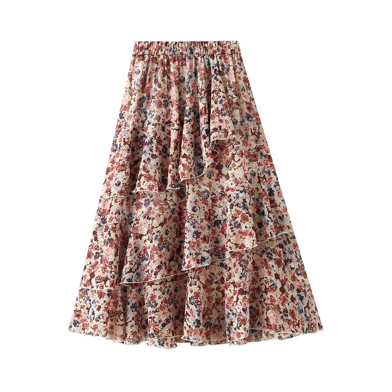 

Юбка-миди Женская пляжная с высокой талией, повседневная многослойная юбка с оборками в богемном стиле, с цветочным принтом лимона, на лето