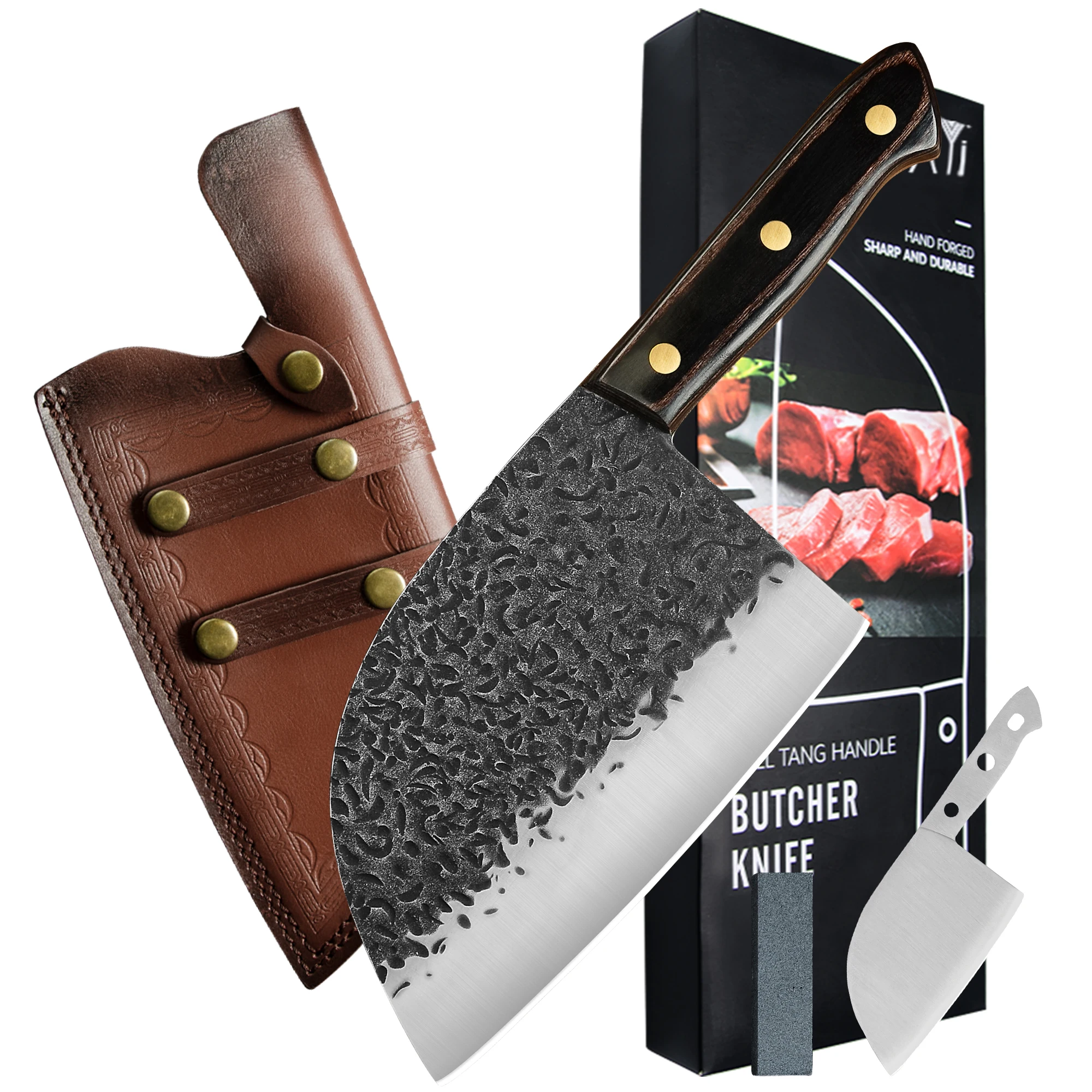 

XYJ 7-дюймовый полный тяжелый нож для нарезки мяса и овощей с кожаным футляром