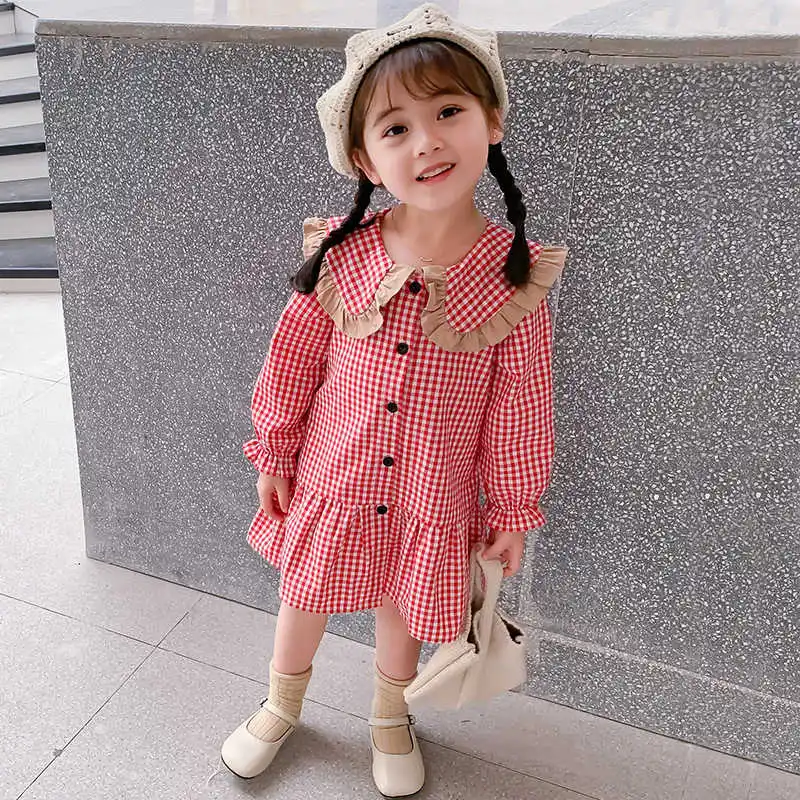 

2022 Spring Summer New Children's Dress Cute Girl Plaid Lapel Ruffle Long Sleeve Princess Dress 2-6 Years Casual Kids Clothing
