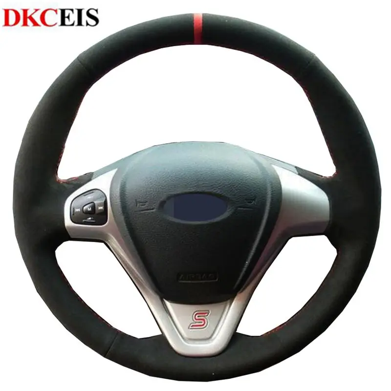 

Чехол рулевого колеса автомобиля для Ford EcoSport 2014-2017 Fiesta 2008-2017, прошитый вручную черный замшевый кожаный чехол на руль