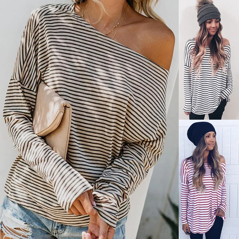 Женская футболка в полоску с открытыми плечами без бретелек длинным рукавом