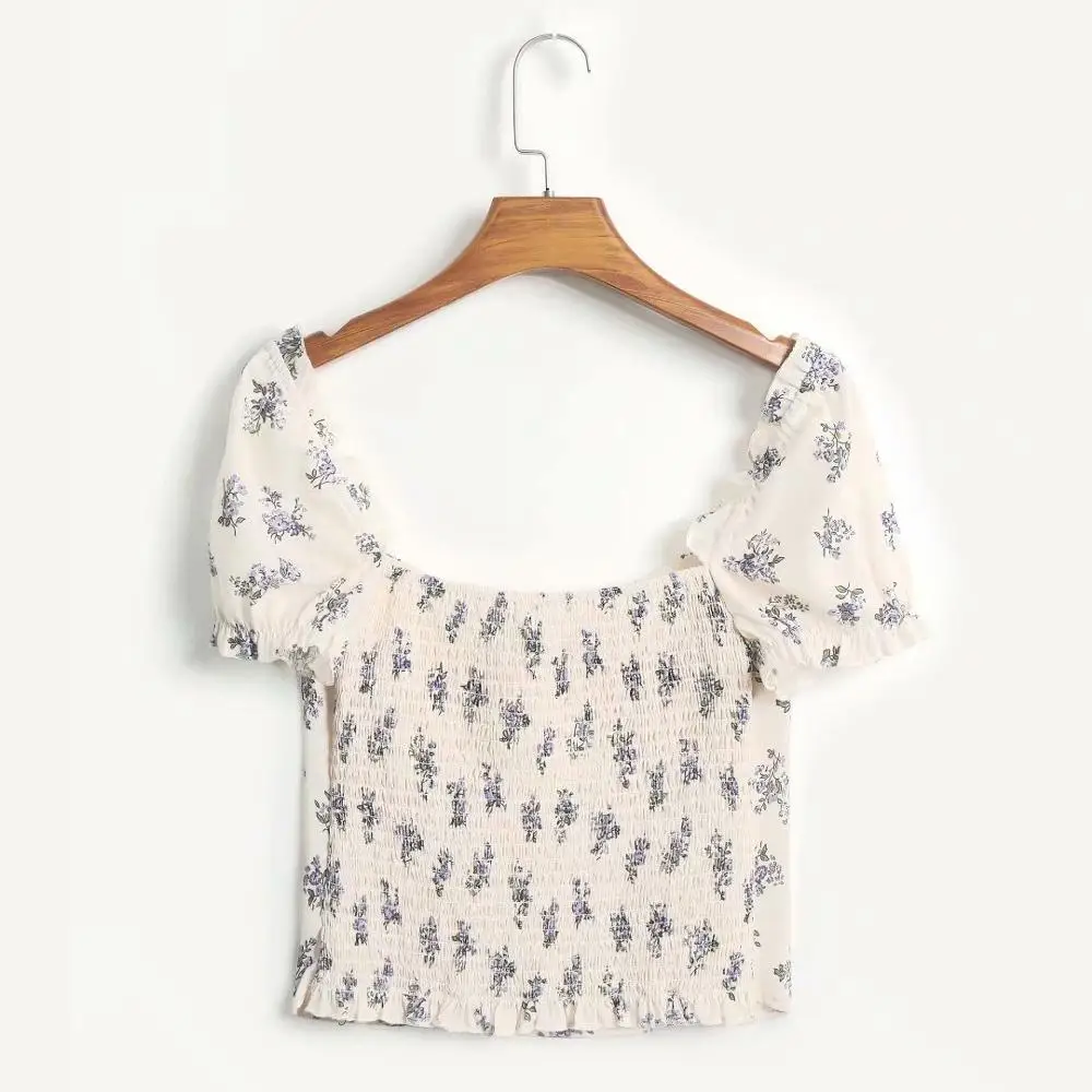 

Vintage french women's blouses and shirts square neck elastic waist sexy crop top short sleeve summer print shirts women