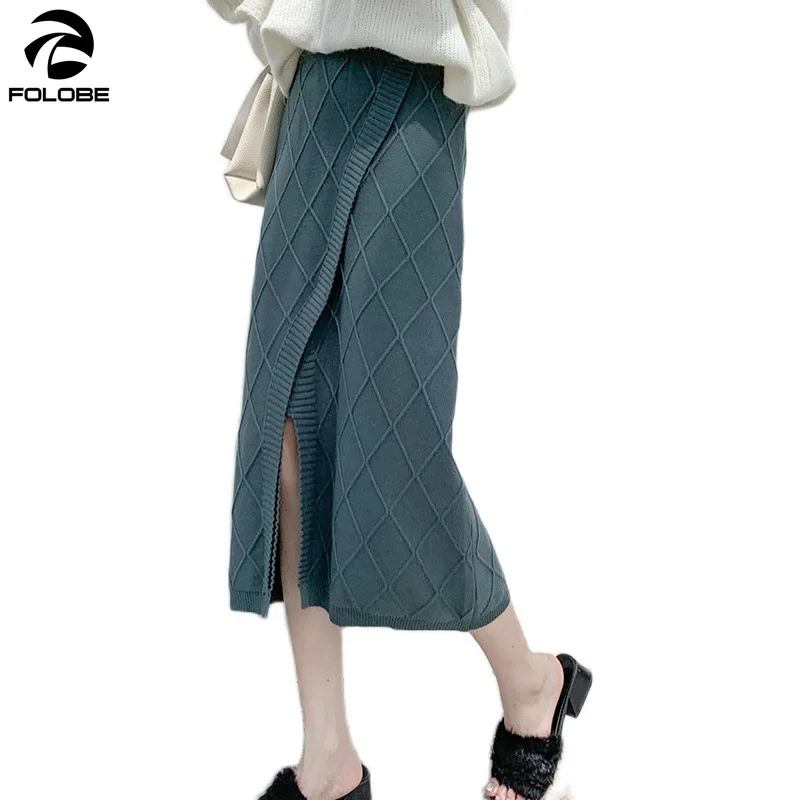 

FOLOBE 2021 Autumn Winter Elegant Women Knit Skirts High Waist Split Thick Soft Casual Midi Skirts Ladies Knitted Korean Skirt