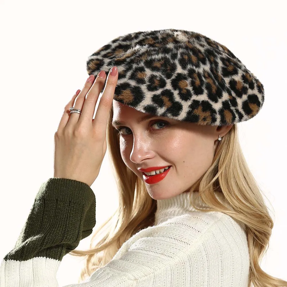 

Leopard Print Lady spring Winter Marten velvet Berets Hat Women Vintage Berets Caps Female Bonnet Warm Walking Cap AD0949
