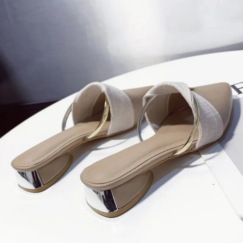 

New Summer Mid Heel Lady Sandals Slides Slippers Soild Color Pointed Toe Women Outdoor Shoes Mujer Zapatos Large Size 34-42