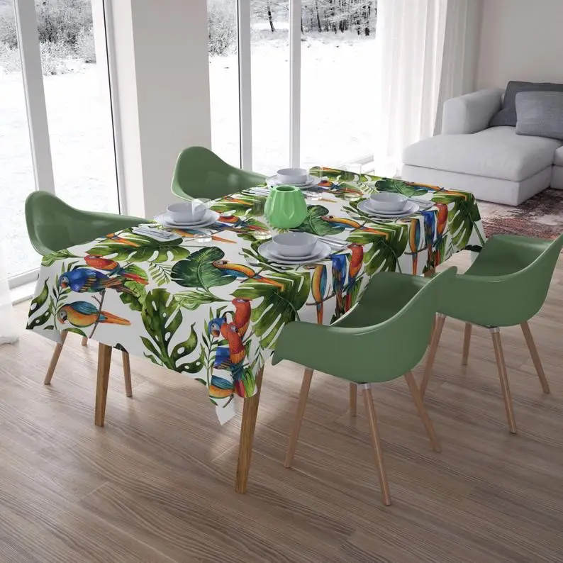 Palm leaf with parrots tablecloth Tropical table cover