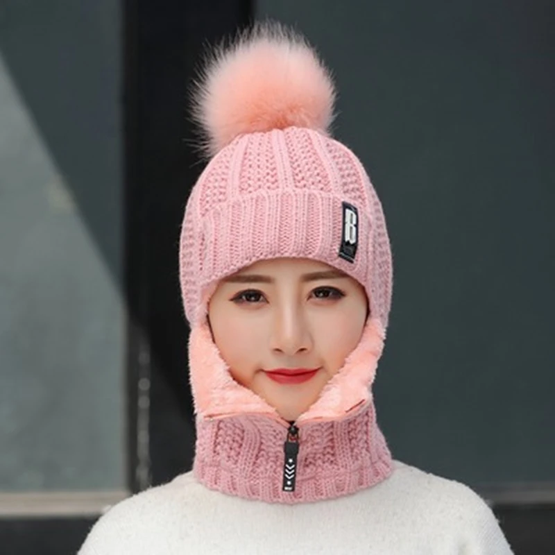 

Women Beanie Hat With Bib Hair Ball Zipper Solid Knitted Hat Ear Protection Warm Cute Fashionable Ladies's Hat