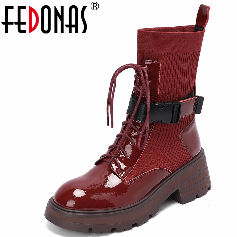 

FEDONAS 2021 New Arrival Women Ankle Boots Autumn Winter Fashion Belt Buckle Genuine Leather Cross-Tied Thick Heels Shoes Woman