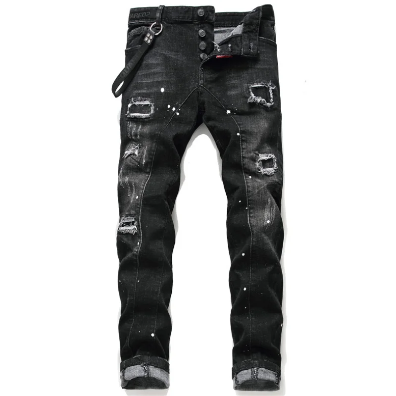 

Trendy European luxury dsq brand men's Russian jeans pants design cool top jeans men's slim jeans denim trousers blue hole pants