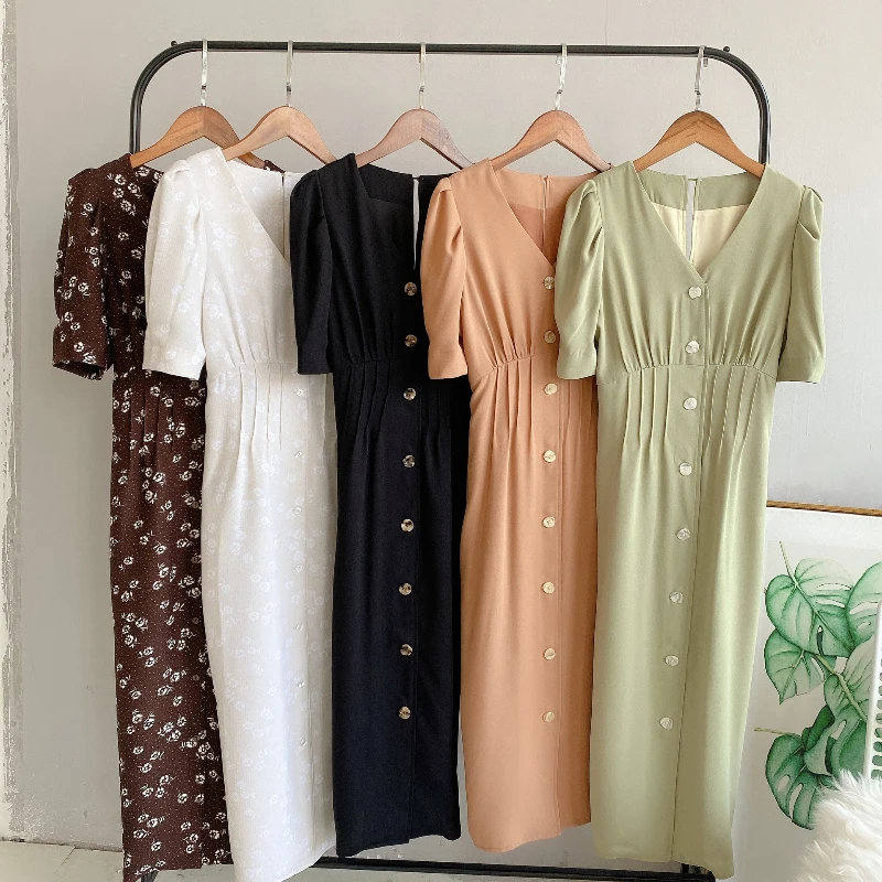 

Fresh Print Silm Lace Up Design Women Dresses Vintage Puff Sleeve V-neck Femme Robe 2021 Summer New Elegant Vestido Feminino