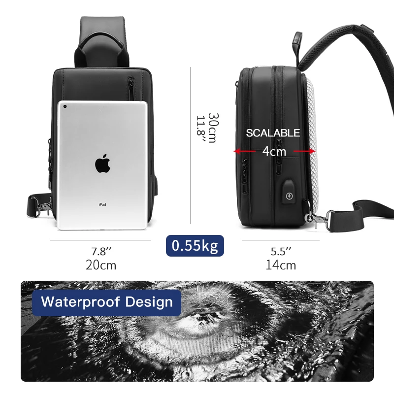 

OZUKO New Expandable Men's messenger Bag Simple One Shoulder Bag Waterproof Multifunctional USB Charging Business Chest Backpack