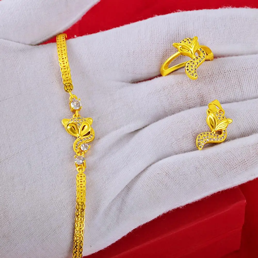 HOYON Gold color jewelry 24k original Fox Ring/Necklace/Bracelet Jewelry set for women Three-piece Women's Zircon Super Flash