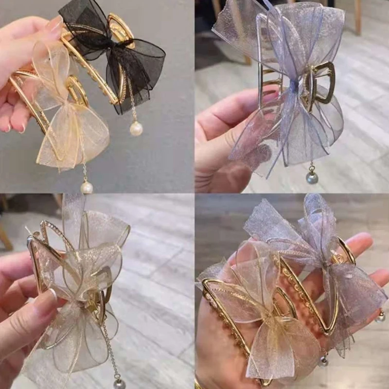 

Women Pearl Net Yarn Bow Barrettes Metal Hair Claws Hair Accessories Hairclips Hairpin Ladies Hairgrip Headwear Girls Crab Bands