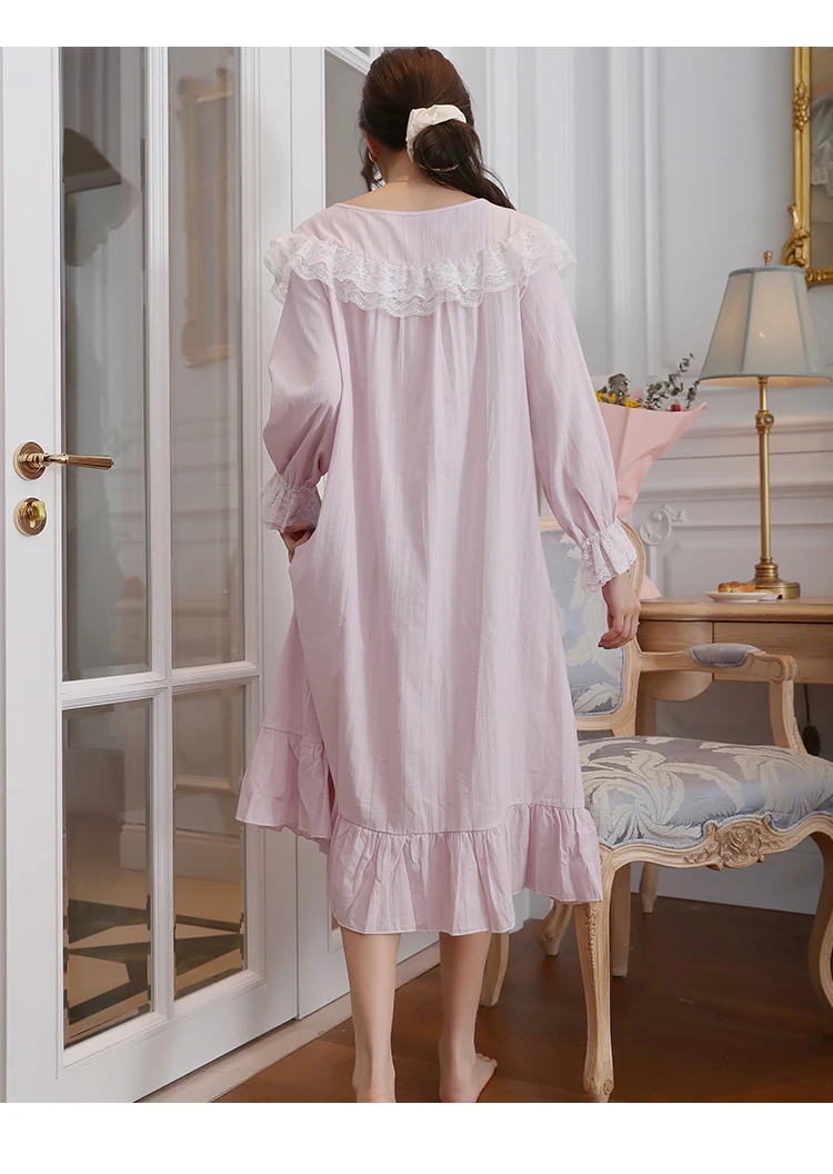 

Nightdress Women 2021 Spring/Autumn Cotton Princess Lace Ruffled Nightgown Round Neck Long Sleeve Vintage Court Style Sleepwear