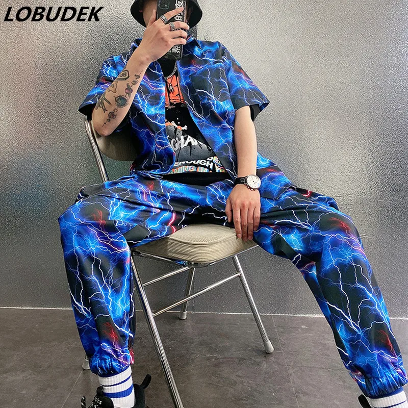 Men Hip Hop Rap Singer Dance 2 Piece Outfit Blue Lightning Pattern Short Sleeve Shirt Loose Pants Set Dancer Performance Costume