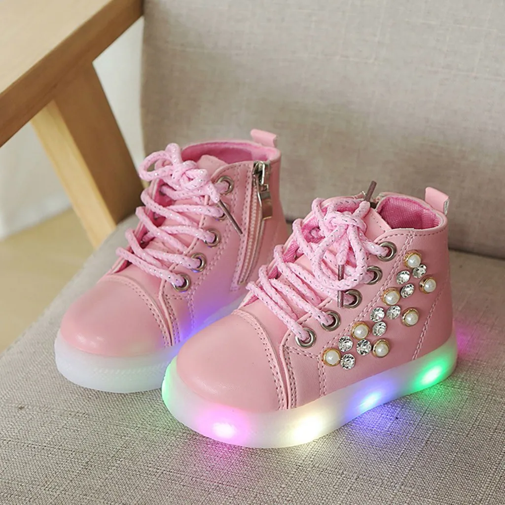 Child Casual Shoes Baby Girls Pearl Crystal Led Light Luminous Run Sport Boots Spring Autumn Winter Fashion Princess C840# | Детская