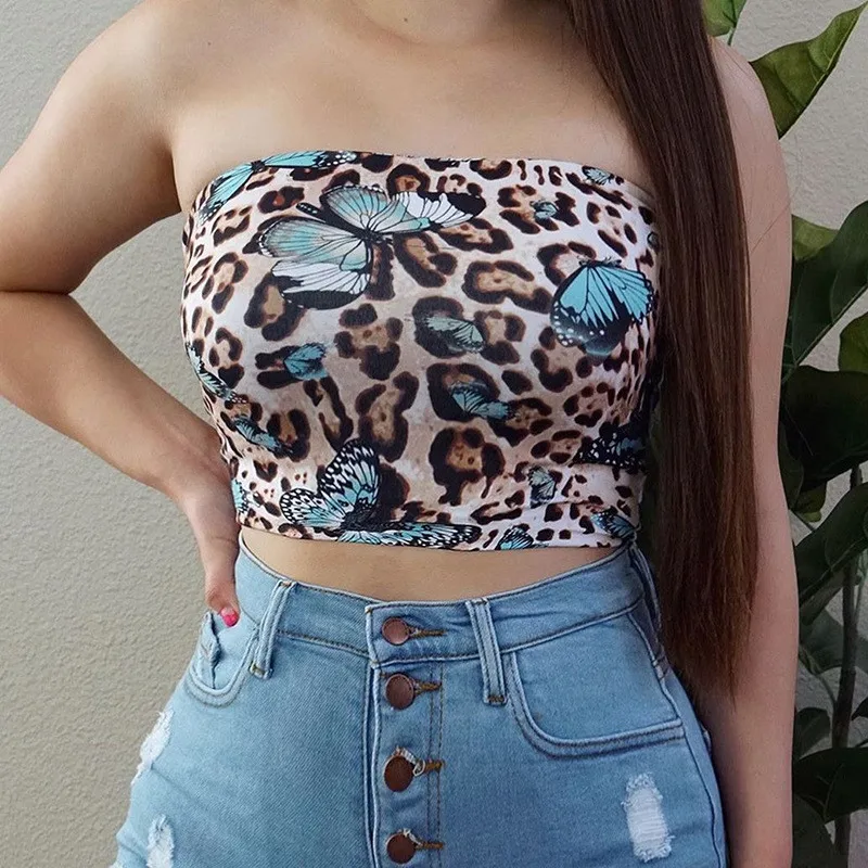 

2021 Sexy Women Leopard Butterfly Print Strapless Bustiers Corsets Tank Vest Camis Tops Clubwear Camisoles Summer Bodycon Tank