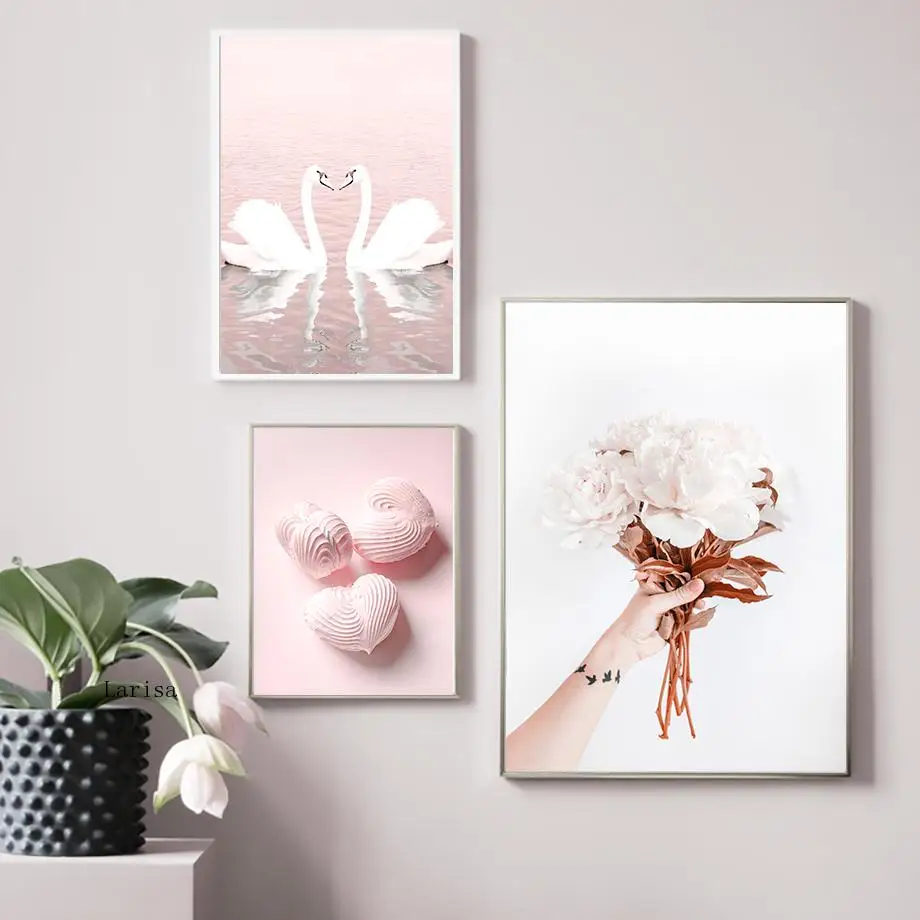 

Pink Rose White Swan Flower Line Wall Art Canvas Painting Nordic Posters and Prints Wall Pictures for Living Room Home Decor
