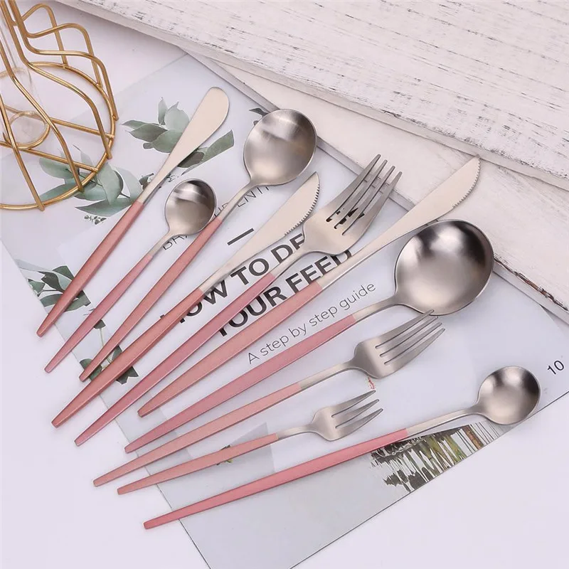 

Stainless Steel Matte Cutlery Set Pink Silver Western Dinnerware Set Fork Knife Spoon Tableware Set Kitchen Flatware Silverware