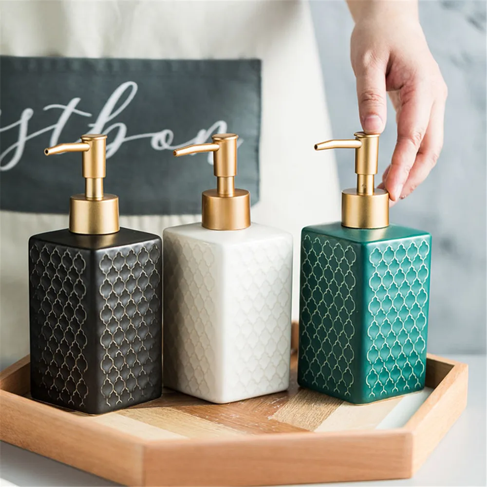 

Simplicity Grid Pattern Ceramic Soap Dispense Handwashing Press Bottle Travel Liquid Container Bathroom Accessories