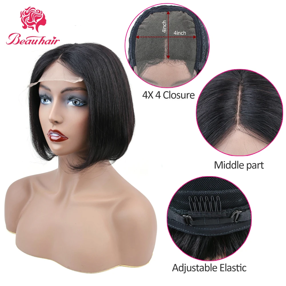 BeauHair Малайзия короткий парик из человеческих волос 4*4 средняя часть не Реми волосы боб парики предварительно сорвал отбеленные узлы для женщин