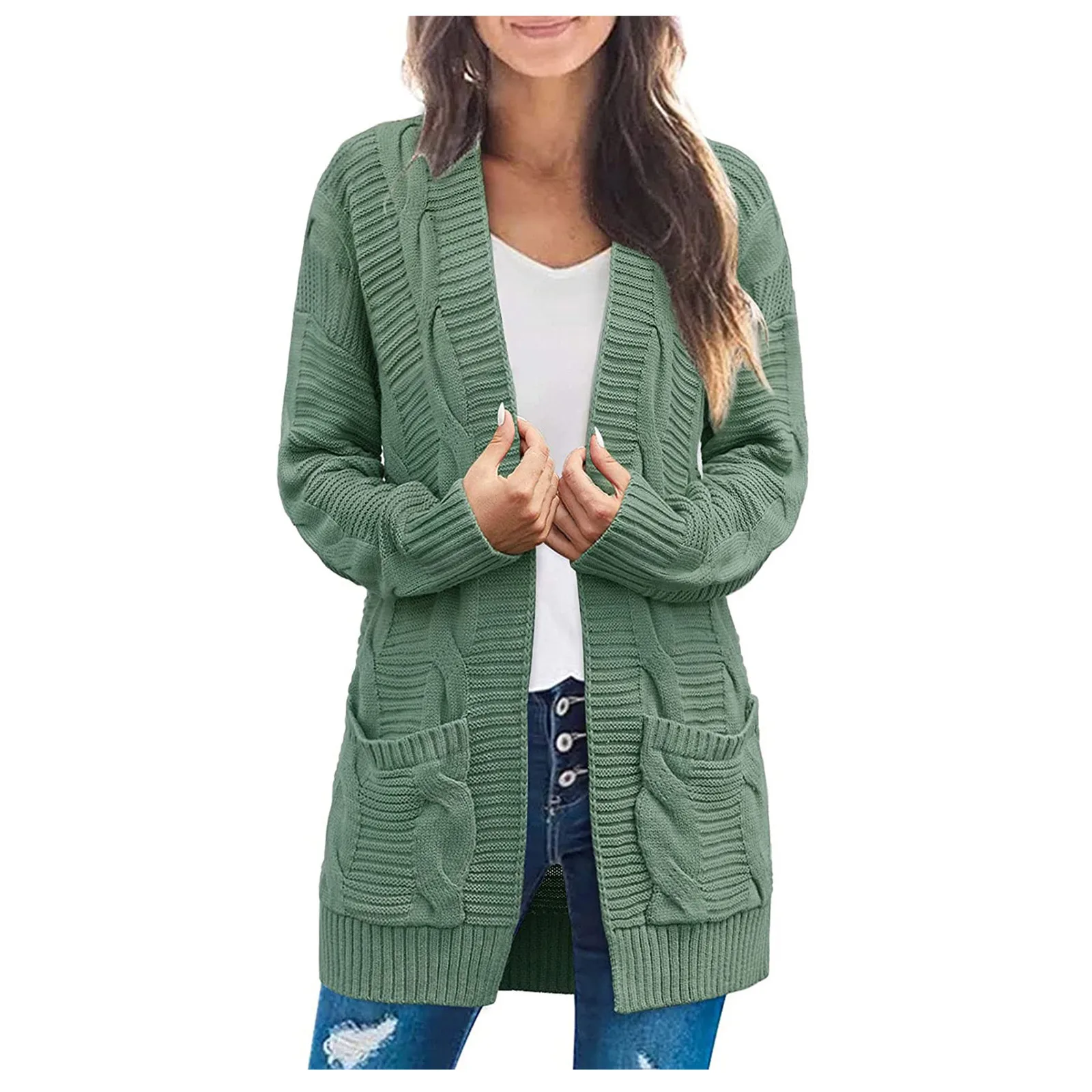 

Ladies Cable Knit Sweater Casual Solid Pocket Long Sleeve Midi Cardigan Open Front Loose Home Daily Outwear Lightweight Jacket
