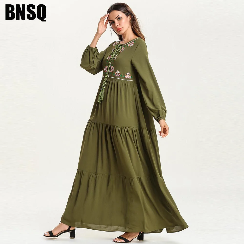 

BNSQ Arabian Large Size Women Muslim Casual Dress Army Green Embroidered Long Bow Pray Pakistani Kaftan Ramadan Clothes Turkey