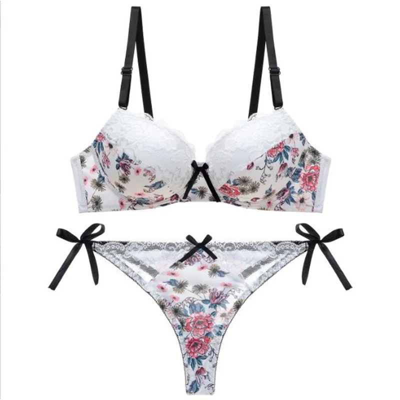 Lace Floral Bra & Thong Set Bowknot Underwear G-string Sweet Sexy Lingerie Panties Delicate Bra Set Underpants