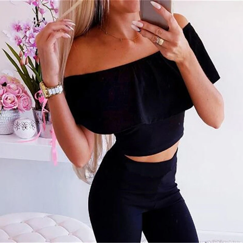 2020 Summer Sexy Women Clothing Set Solid Color Slash Neck Top +long Pants Suit 2 Piece Casual Sportswear |
