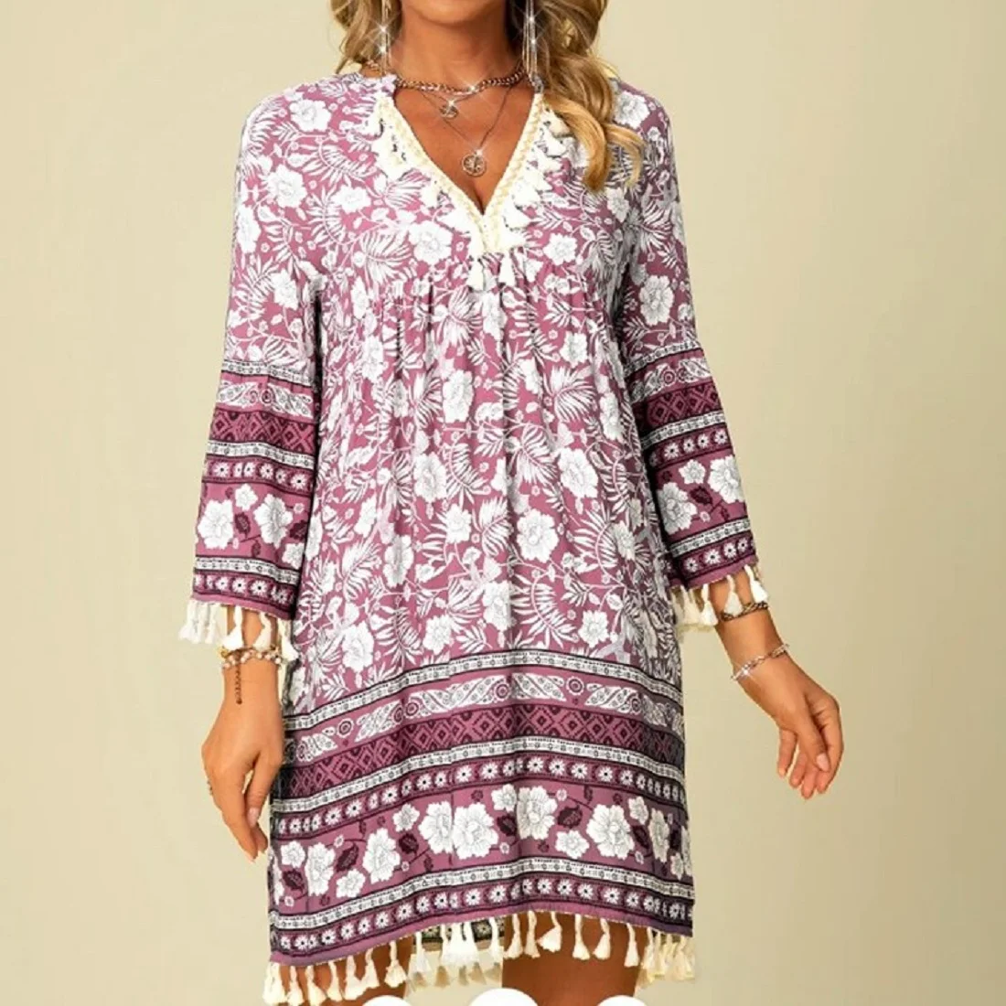 

Spring Autumn Women Lace Print Dress Casual Seven Points Sleeve Ladies Clothing V-Neck Loose Elegant Fashion Dresses Latest