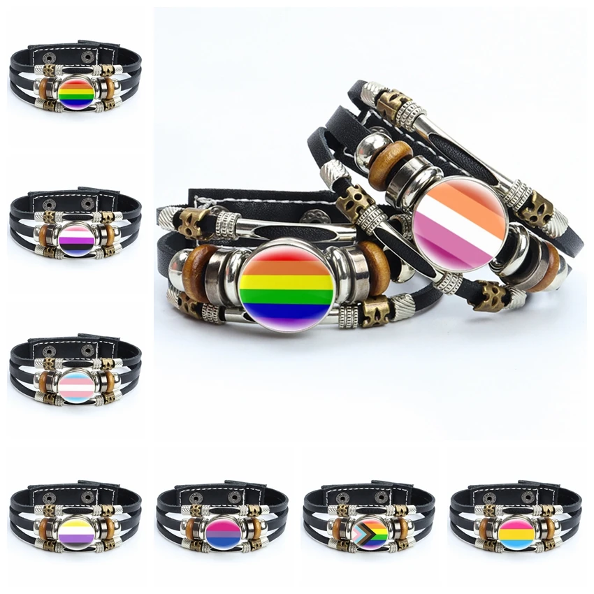 Кожаный браслет ЛГБТ с радужным флагом геи бисексулы трансгендельные браслеты