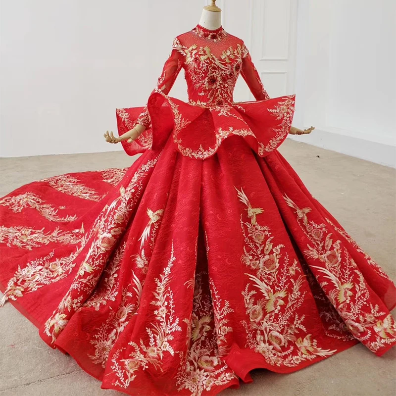 BGW HT41730 Peplum Wedding Dress Bird Applique Muslim Wedding Dress Red Lace Wedding Dress Pleat Wedding Gowns فستان زفاف