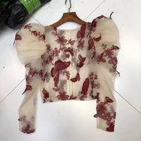 sexy women lady crochet mesh sheer see through long puff sleeve tops shirt o neck casual butterfly embroidered blouse top