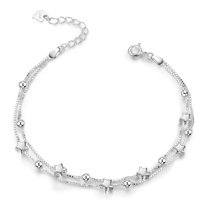 

Brand New S925 Sterling Silver Double Layers Star Beads Bracelets For Women Elegant Box Chain Charm Bracelet Birthday Party Gift