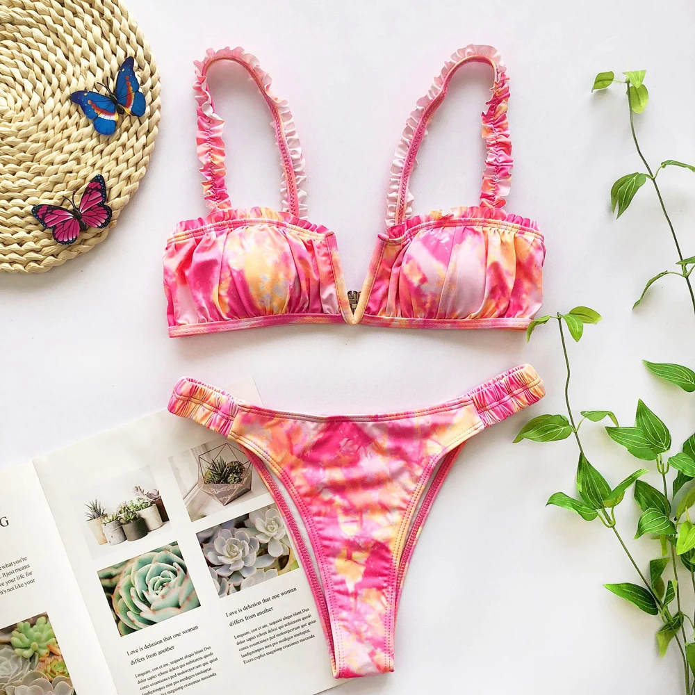 Бикини Amecire с принтом на завязках стринги укороченный купальник 2020 оборками